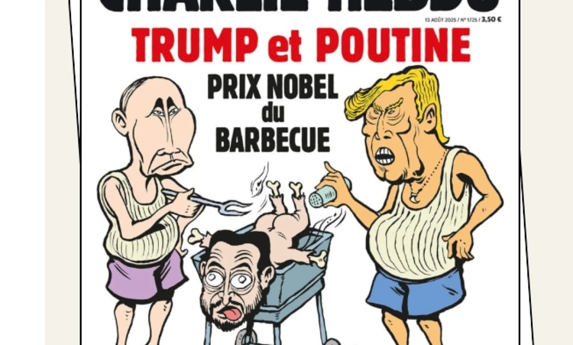 Zelenskyj ako grilovačka – takto si predstavuje Charlie Hebdo stretnutie Putina s Trumpom na Aljaške